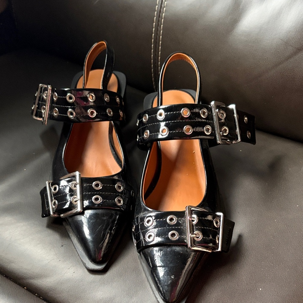 Black Patent Pointed Toe Buckle Slingback Flats